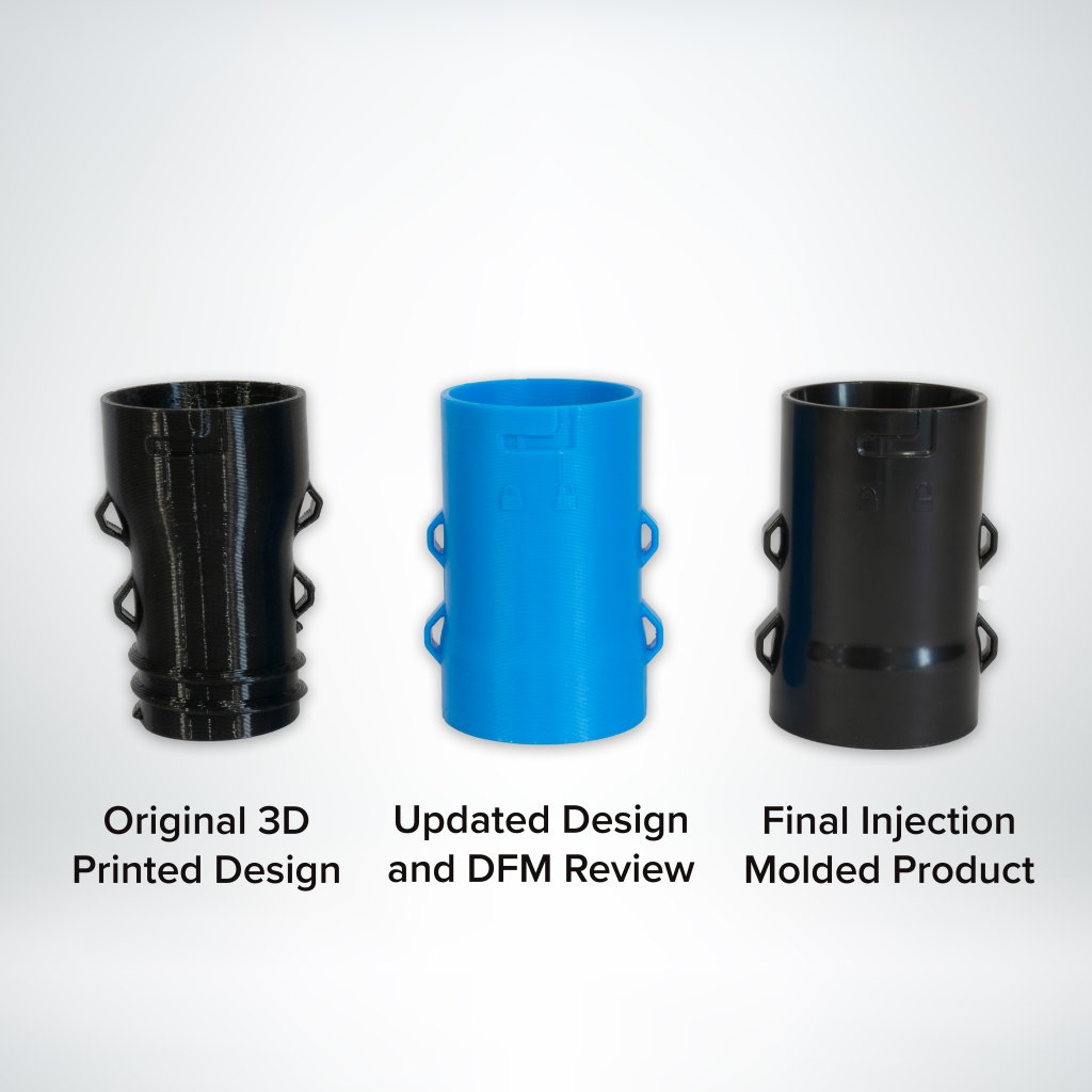 3D Printing to Injection Molding - blue and black 3d printed parts